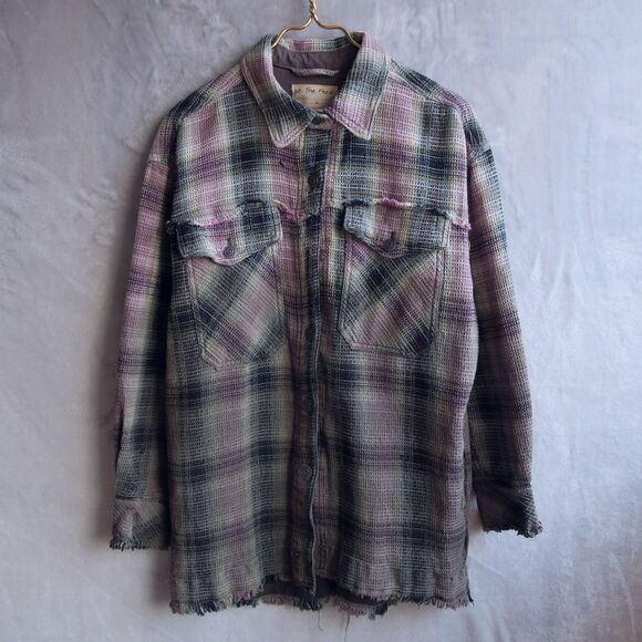FREE PEOPLE Anneli Plaid Shirt Jacket Size M Waffle Fringe Hem Oversized Boho - Picture 2 of 11